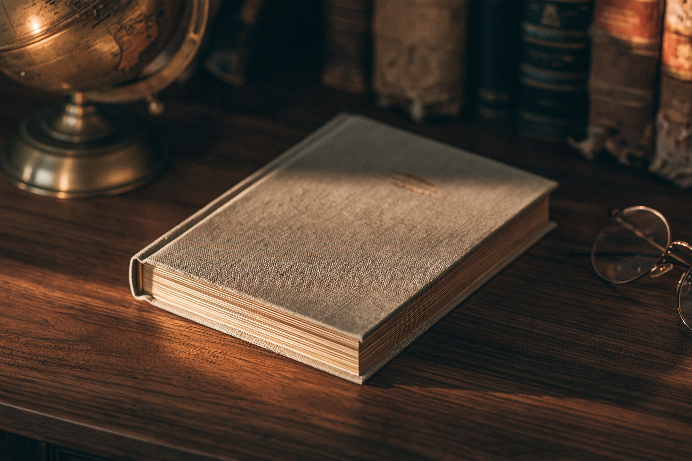 Die Lewensboek — hardeband op donker hout / The Life Story hardcover on dark wood